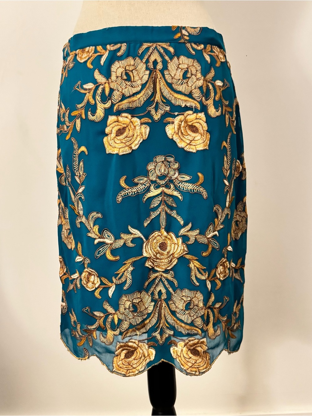 Yoana Baraschi Teal Skirt with Gold Floral Embroidery Size 6 - Picture 2 of 14